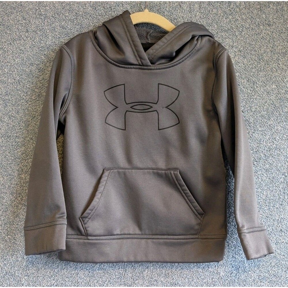 Under Armour Boys Size 4T ColdGear Gray Fleece Black Big Logo Hoodie Sweatshirt